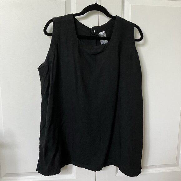 Kaliyana Tunic Tank Womens L Black Linen Blend Button Back Lagenlook Boho - Picture 1 of 6